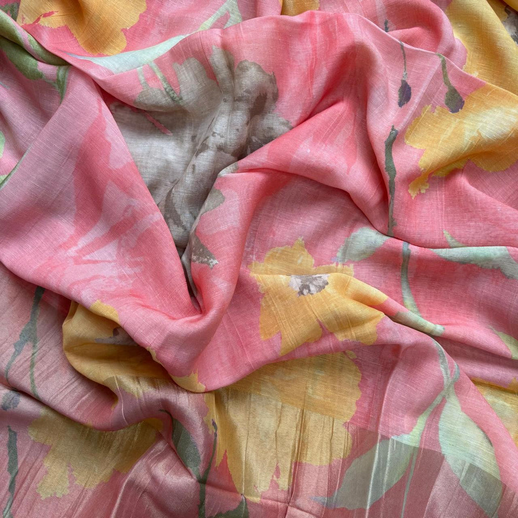 Linen Unstitched Suit with Zari embroidery on neckline and digital print floral dupatta