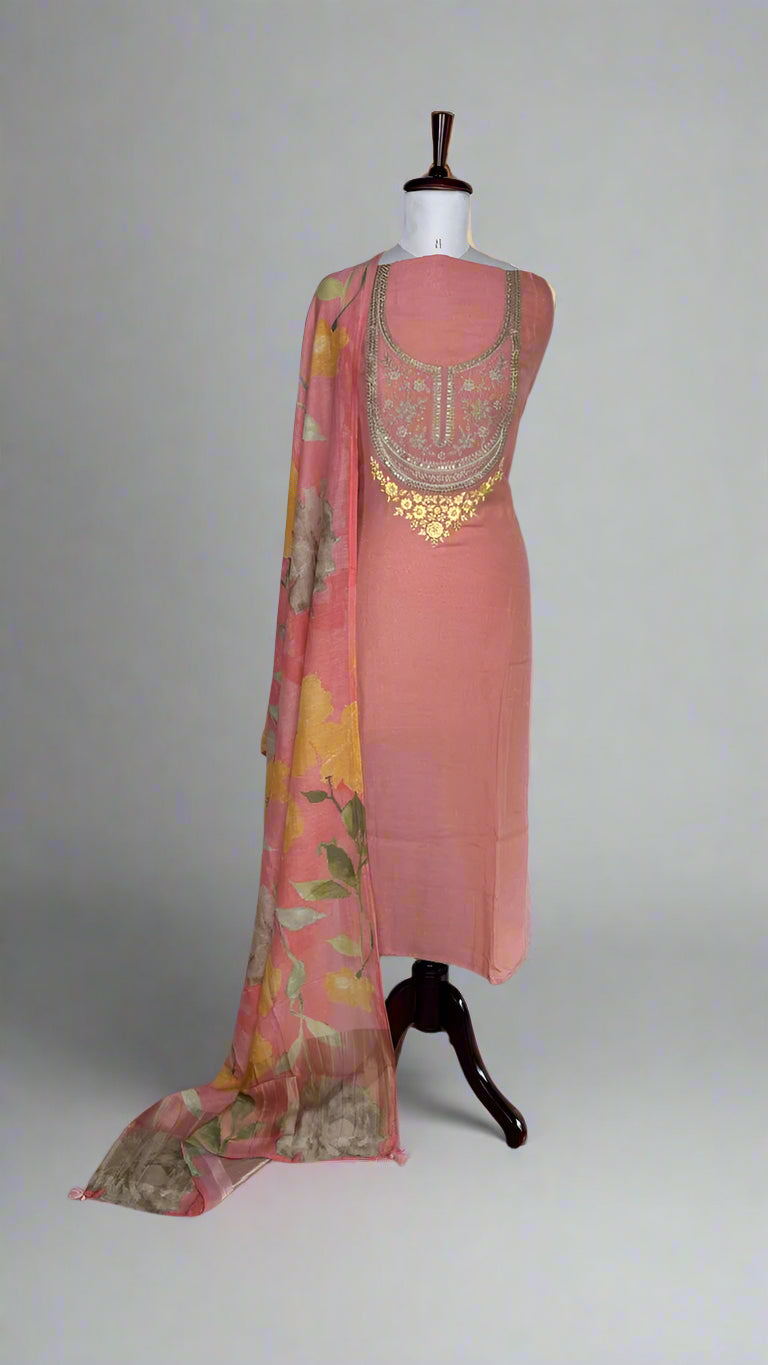 Linen Unstitched Suit with Zari embroidery on neckline and digital print floral dupatta