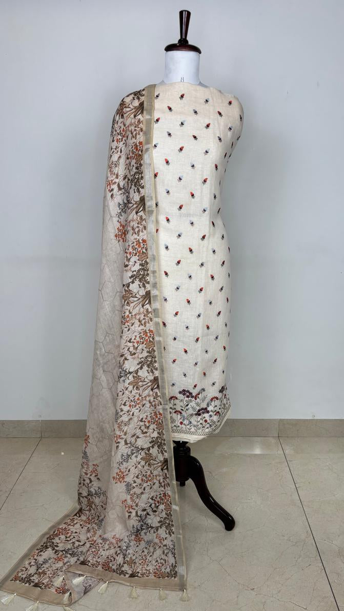 Linen Unstitched Suit with Zari embroidery on neckline and digital print floral dupatta (NBA)