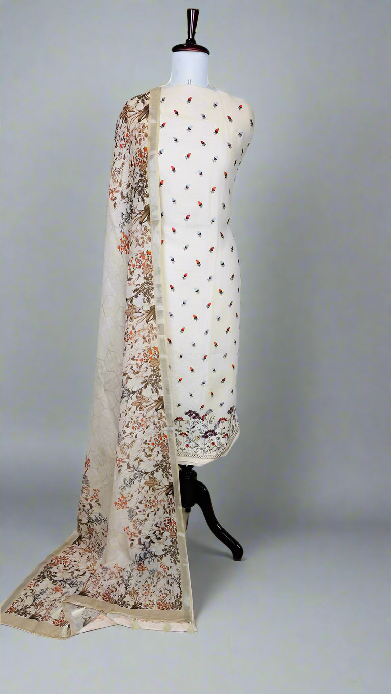 Linen Unstitched Suit with Zari embroidery on neckline and digital print floral dupatta (NBA)