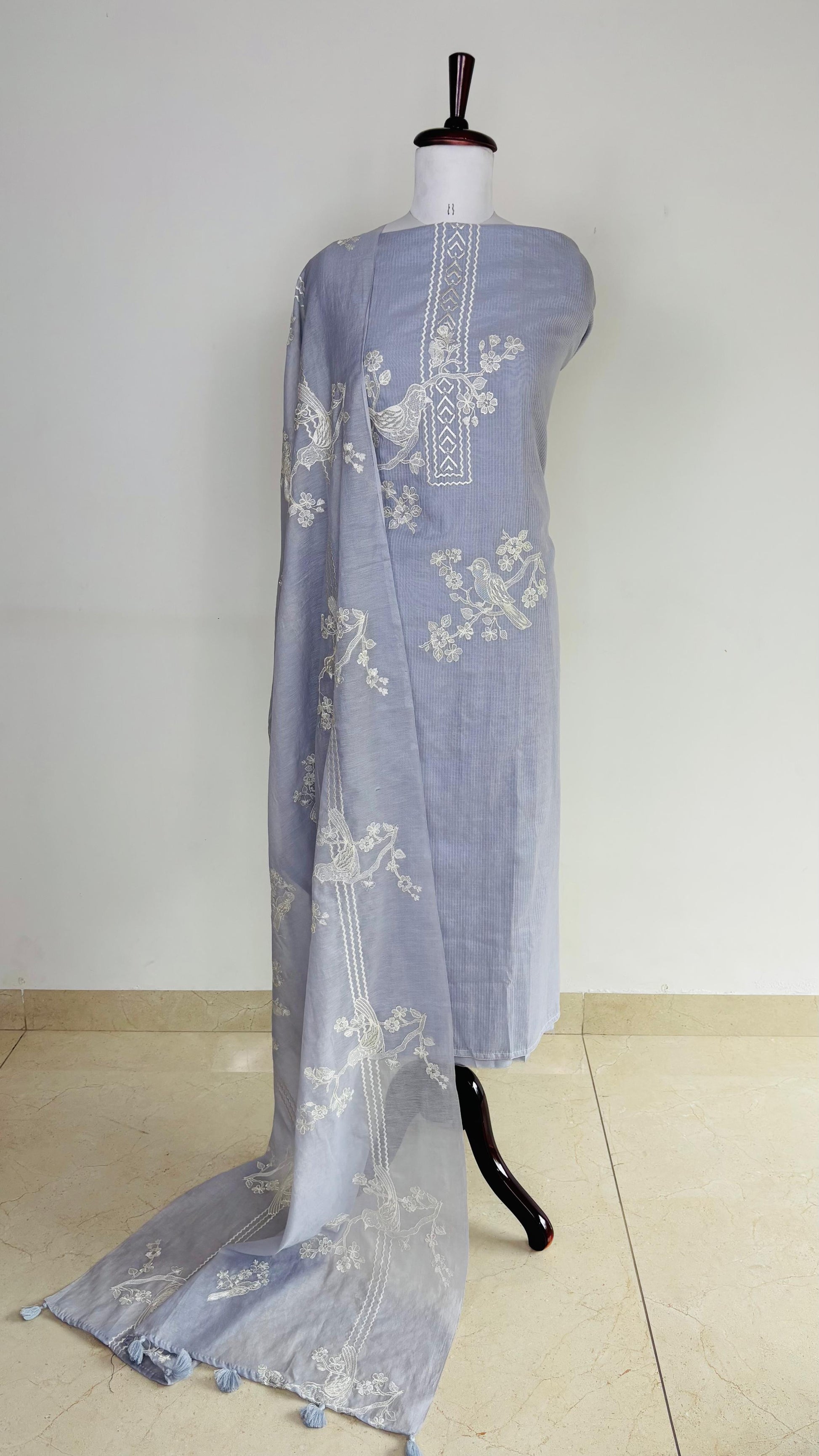 Pure Mulmul Chanderi with stripes and birds embroidery (NBA)