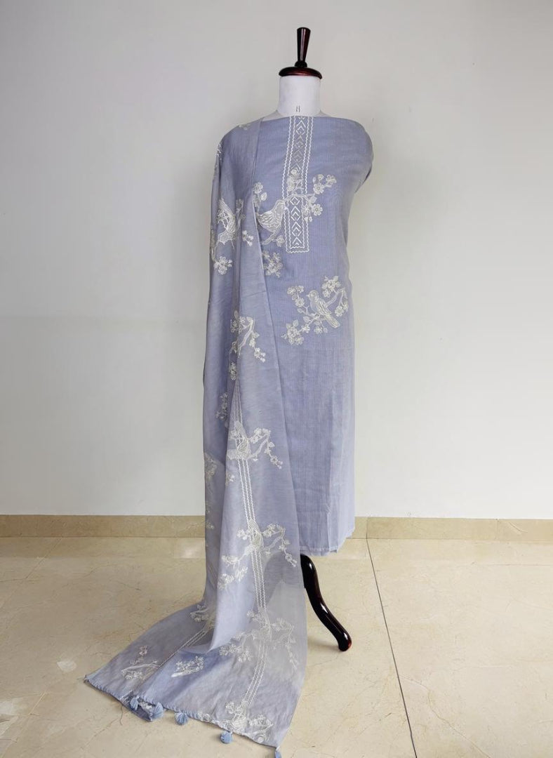 Pure Mulmul Chanderi with stripes and birds embroidery Suit