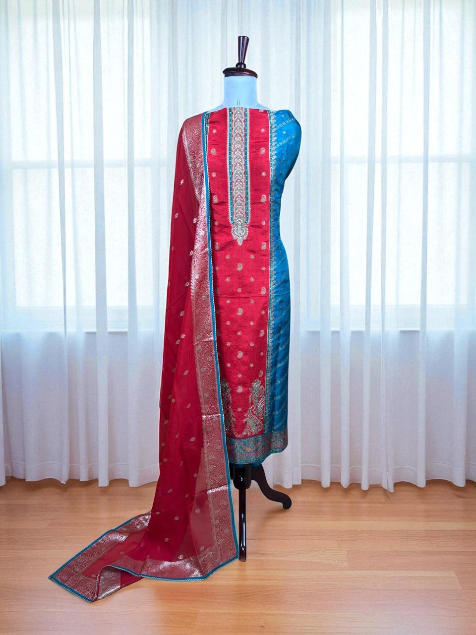 Multicolor Soft Banarsi with Tilla Embroidery with Soft Organza Dupatta
