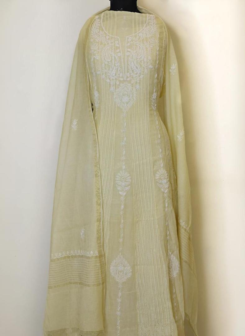 Beige Anarkali Pure Mulmul Luckhnavi Unstitched Suit with Pearl Embroidery