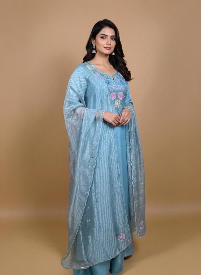 Light Blue Pure Organza with Shadow embroidery Mirror Highlights Suit