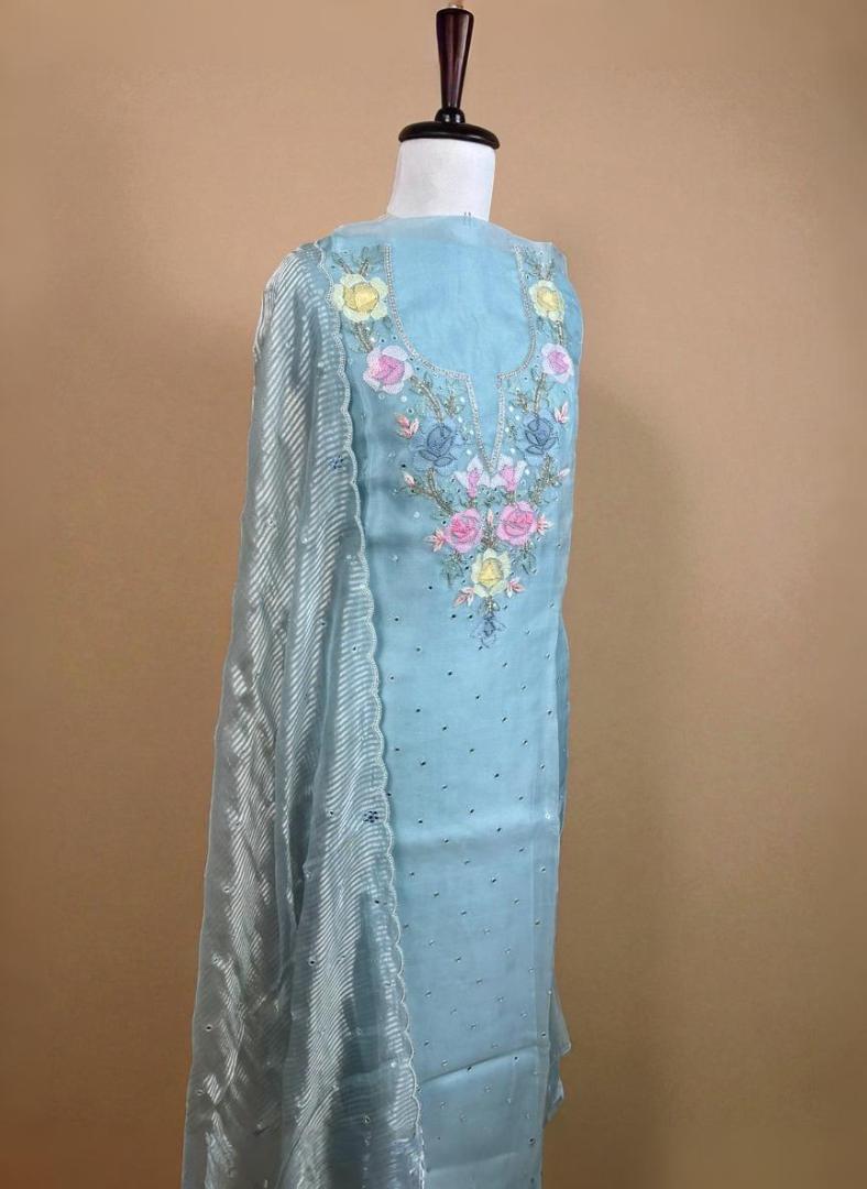 Light Blue Pure Organza with Shadow embroidery Mirror Highlights Suit