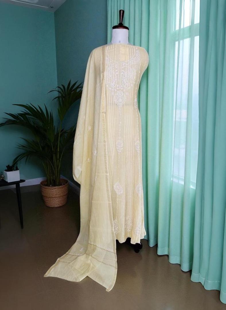 Beige Anarkali Pure Mulmul Luckhnavi Unstitched Suit with Pearl Embroidery