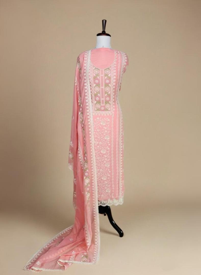 Peach Mulmul Luckhnavi thread embroidery with beads