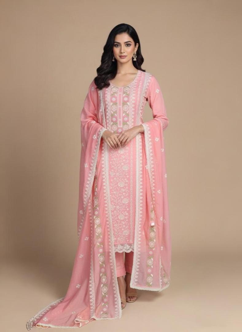 Peach Mulmul Luckhnavi thread embroidery with beads