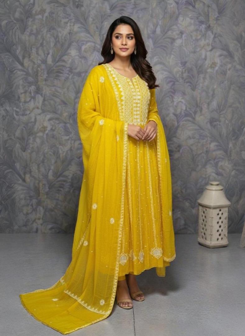Yellow Pure Mulmul Luckhnavi Ombre Anarkali Unstitched Suit with Pearl Embroide