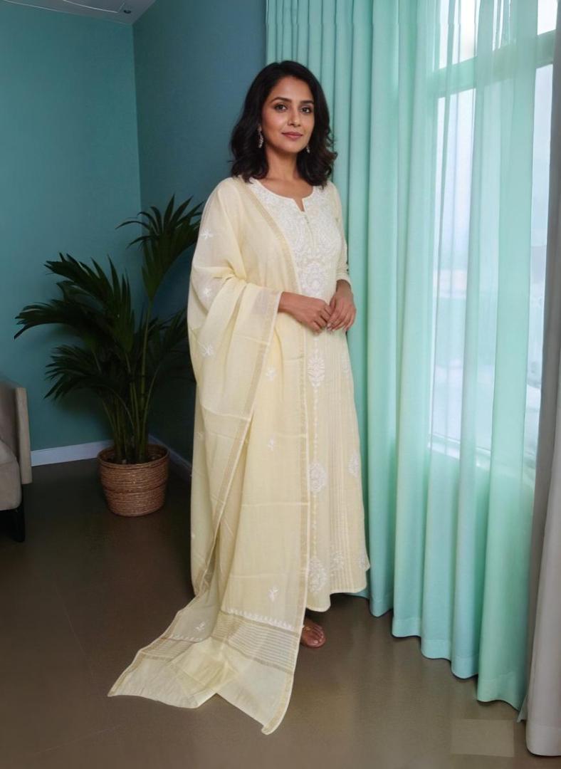 Beige Anarkali Pure Mulmul Luckhnavi Unstitched Suit with Pearl Embroidery