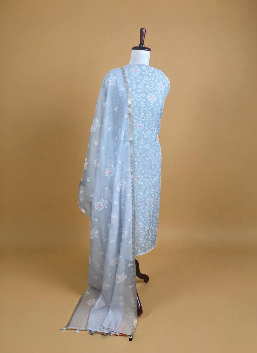 Grey Mulmul Chanderi Thread Embroidery Floral Kurta Set