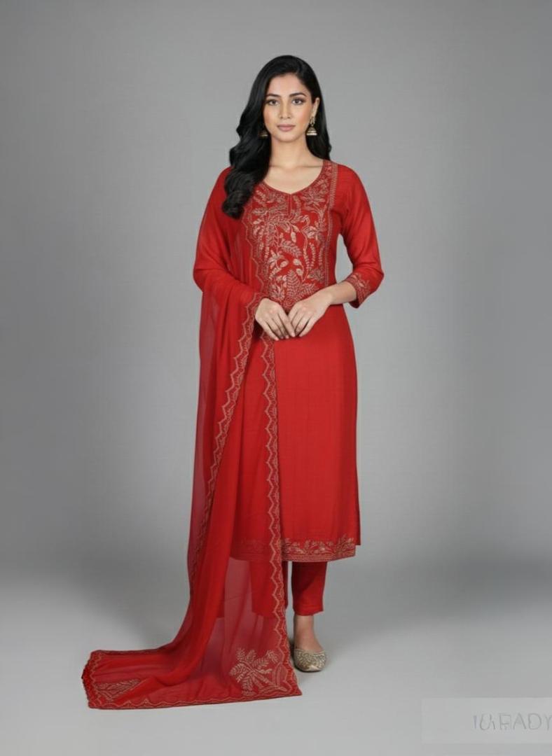 Mulmul Chanderi with Organza dupatta with Zari Embroidery Suit
