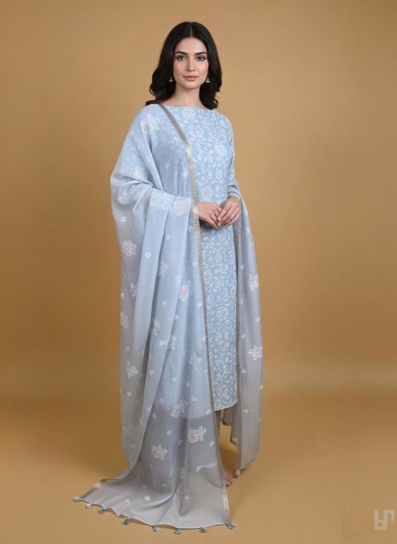 Grey Mulmul Chanderi Thread Embroidery Floral Kurta Set