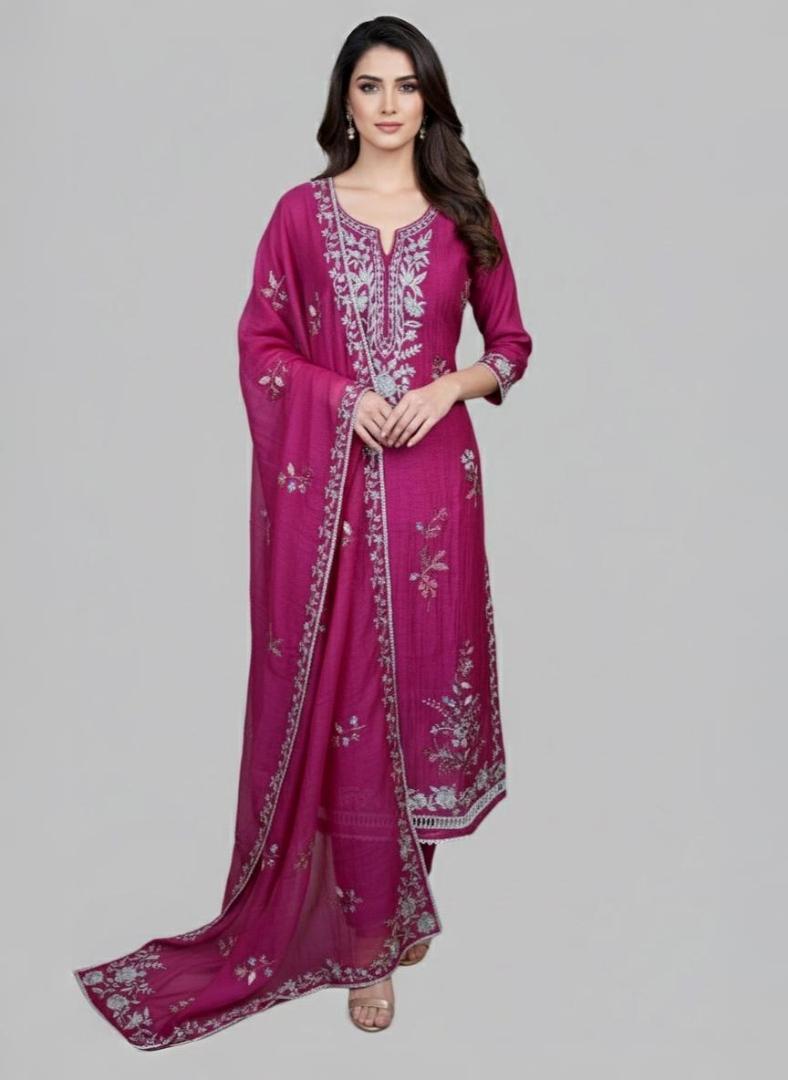 Magenta Pure Mulmul Chanderi Zari Aari Embroidery Suit with Dupatta