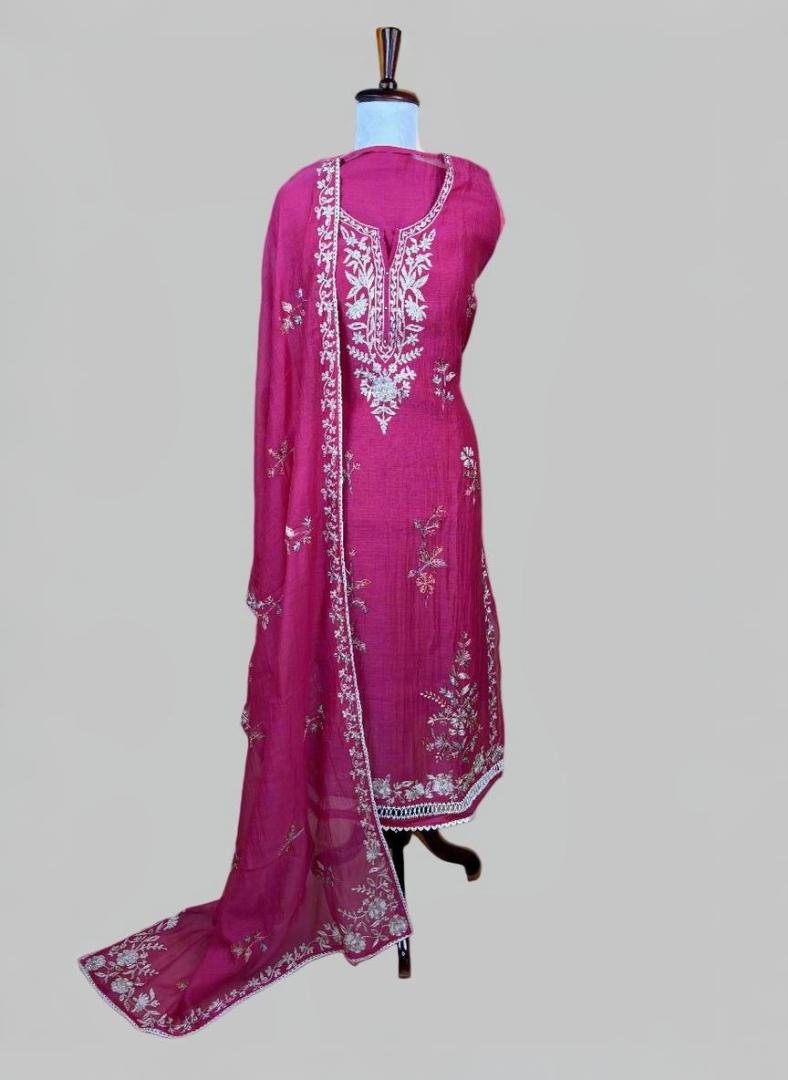 Magenta Pure Mulmul Chanderi Zari Aari Embroidery Suit with Dupatta
