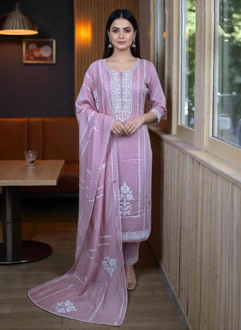 Mulmul Chanderi Applique Suit with Dupatta