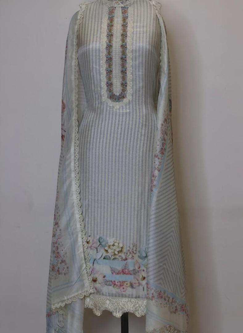 Floral Muslin stripes Unstitched suit with laces