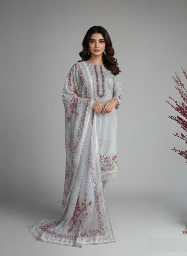 Digital Print Floral Muslin stripes Unstitched suit with laces