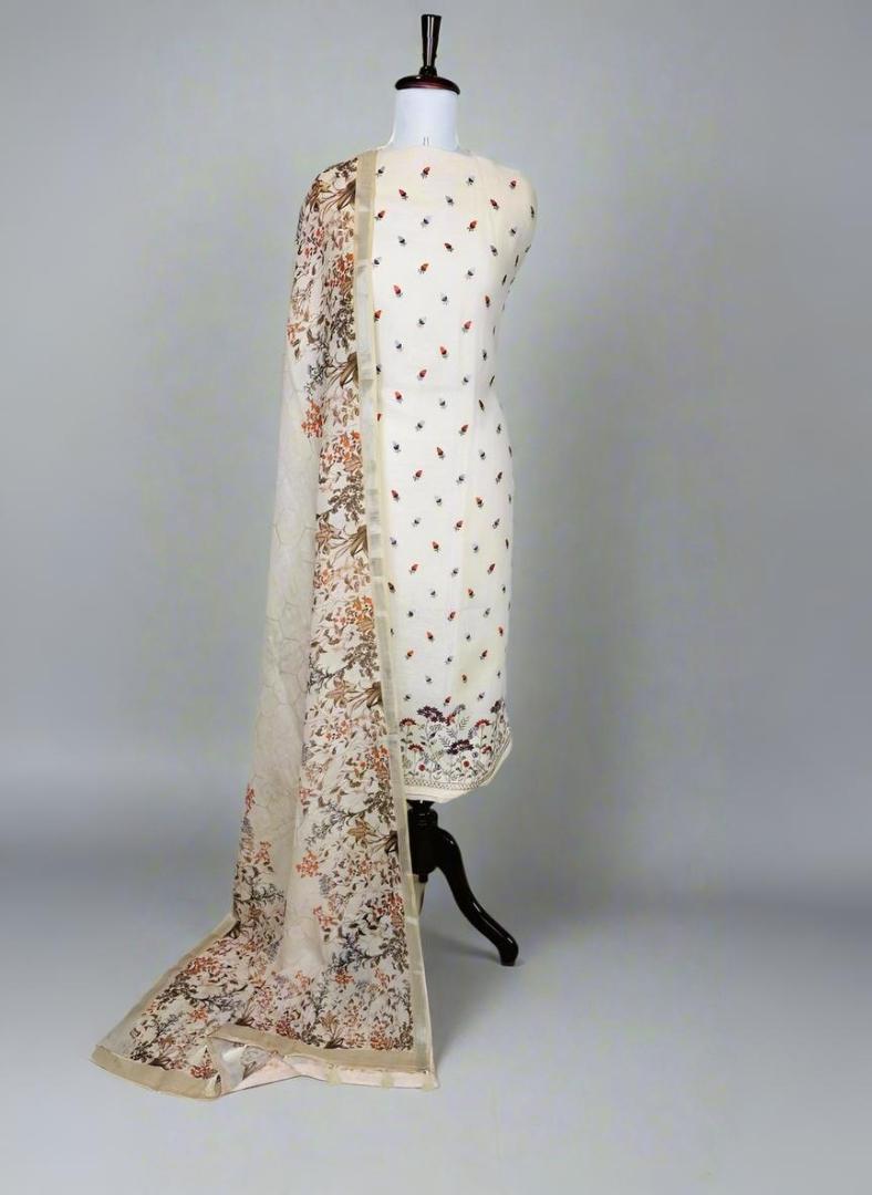 White Mulmul Chanderi Applique Floral Embroidery Suit