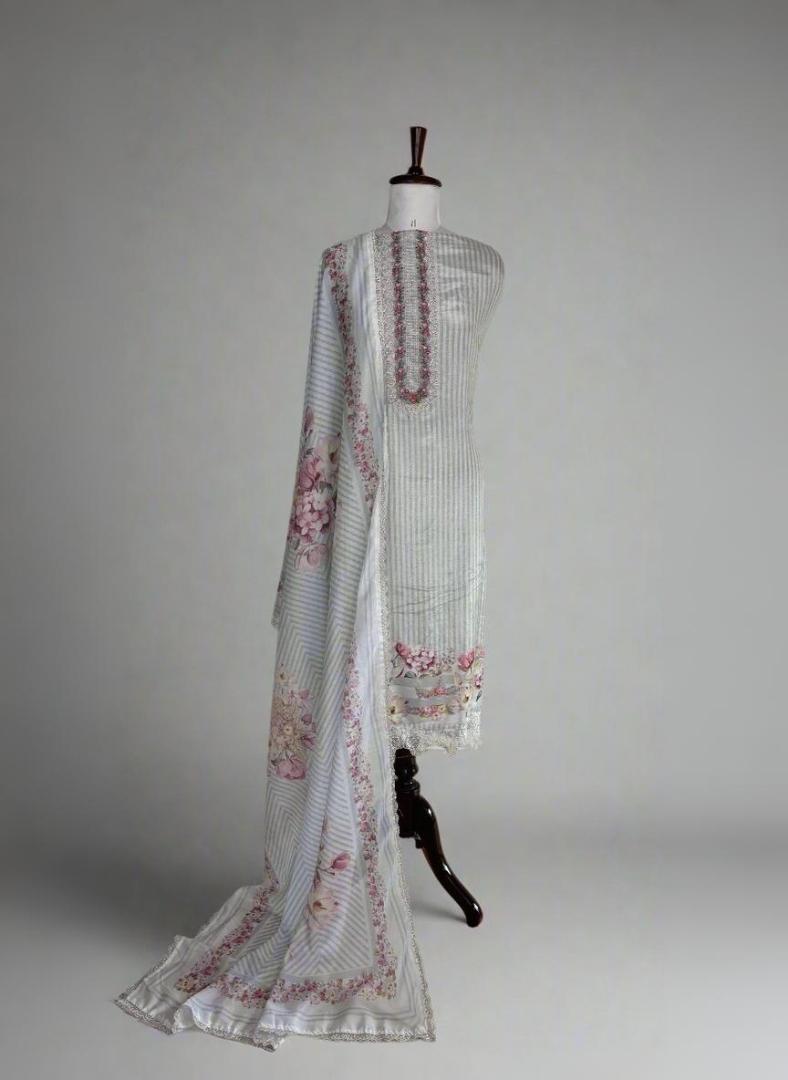 Digital Print Floral Muslin stripes Unstitched suit with laces