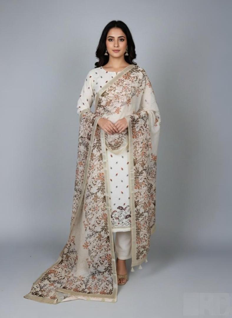 White Mulmul Chanderi Applique Floral Embroidery Suit