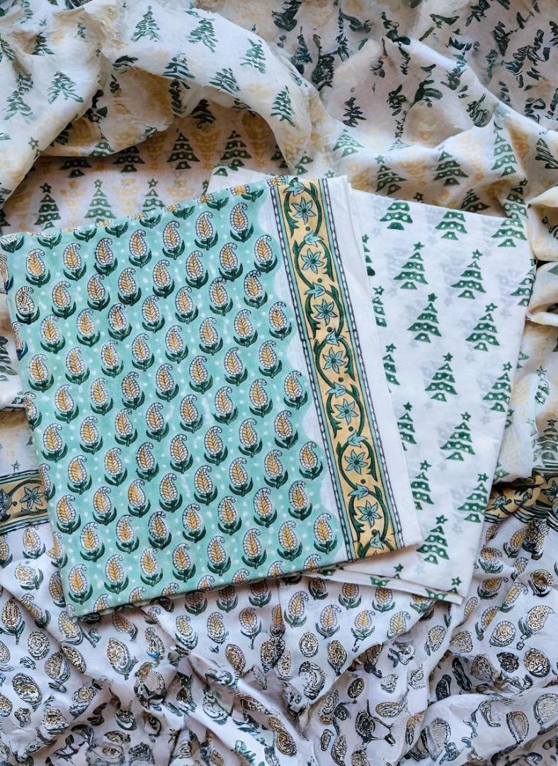 Green Yellow Pure Cotton Handblock Suit with Kota Dupatta – Daily Wear