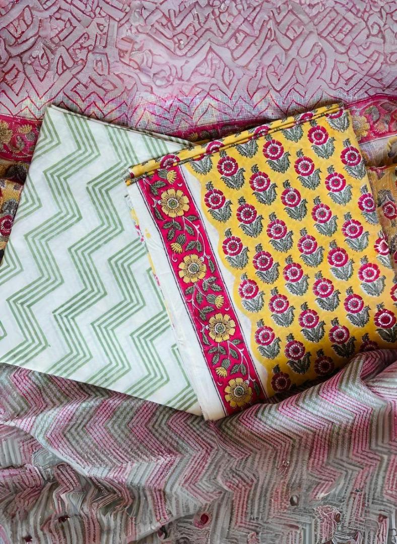 Yellow Red Floral Pure Cotton Handblock Suit with Kota Dupatta – Daily Wear