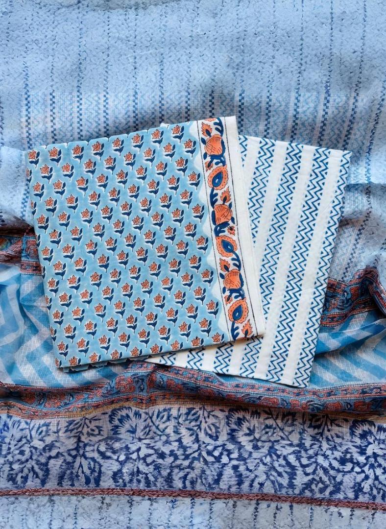 Blue Pure Cotton Handblock Suit with Kota Dupatta – Daily Wear