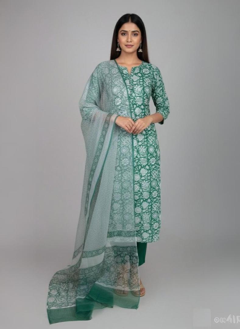 Green Pure Cotton Handblock Suit with Kota Dupatta - Daily wear