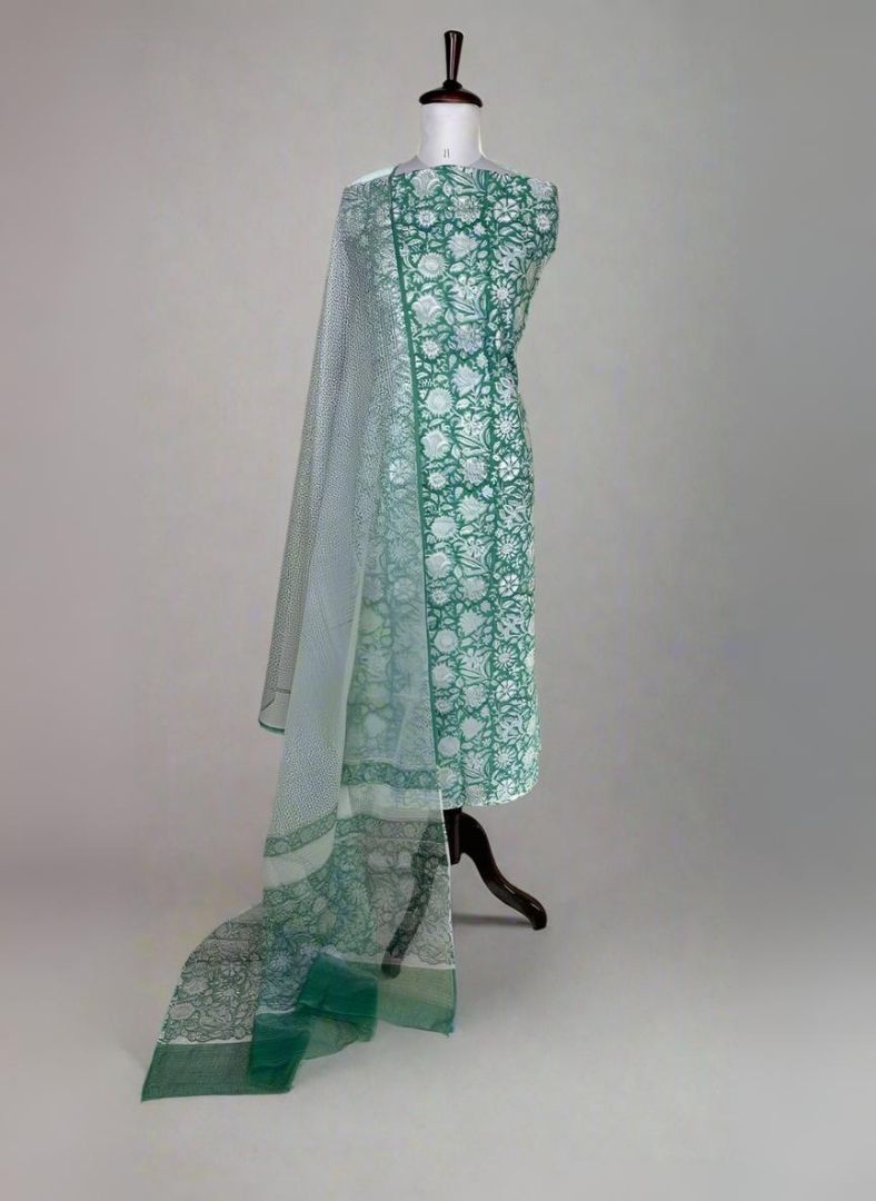 Green Pure Cotton Handblock Suit with Kota Dupatta - Daily wear