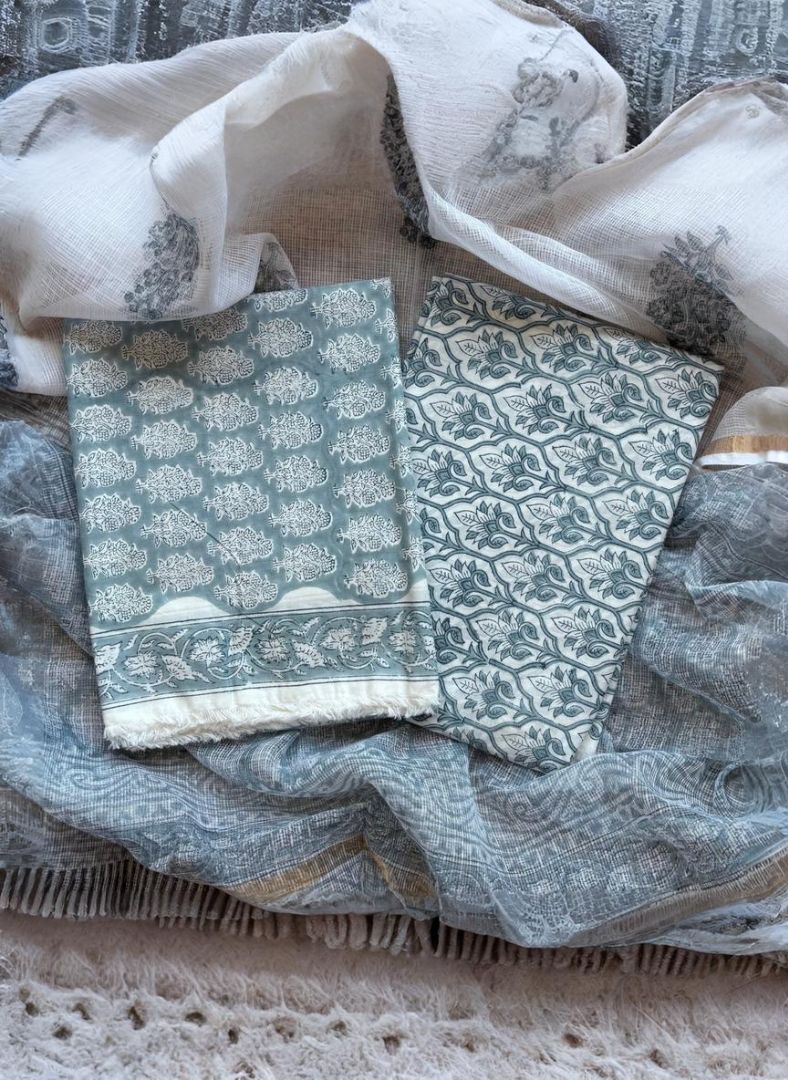 Powder Blue Pure Cotton Handblock Suit with Kota Dupatta – Daily Wear