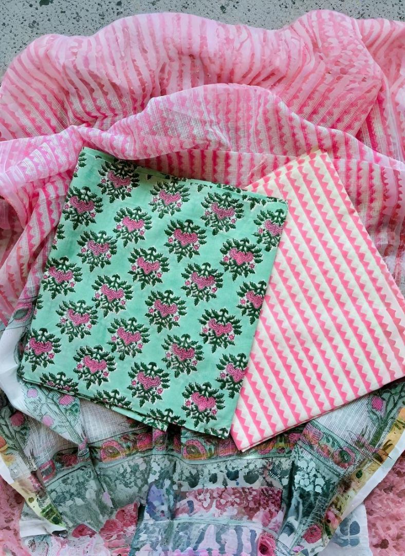 Green Pink Pure Cotton Handblock Suit with Kota Dupatta – Daily Wear