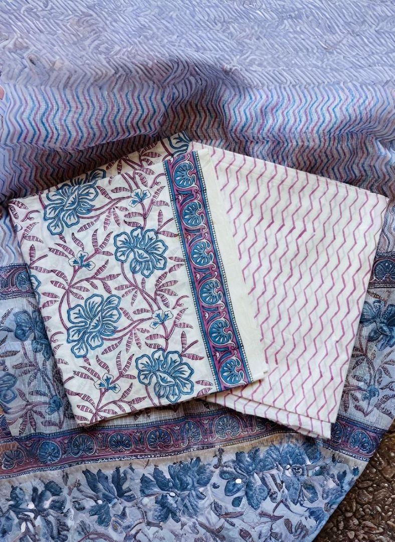 Blue Purple Floral Pure Cotton Handblock Suit with Kota Dupatta – Daily Wear