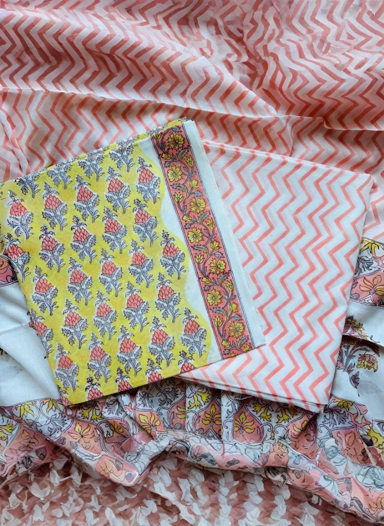 Yellow Orange Pure Cotton Handblock Suit with Kota Dupatta – Daily Wear