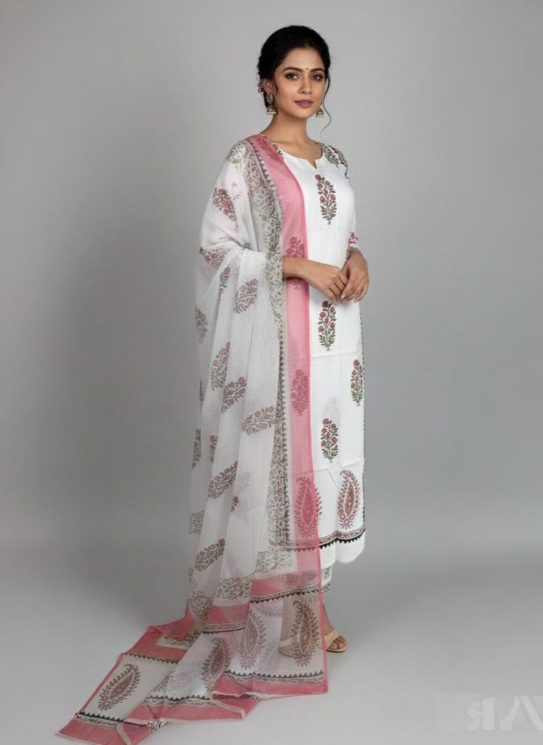 Peach Floral Pure Cotton Handblock Suit with Kota Dupatta - Daily wear