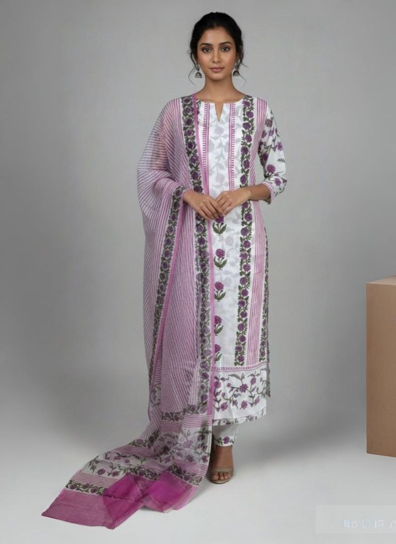 Pink Green Floral Pure Cotton Handblock Suit with Kota Dupatta - Daily wear
