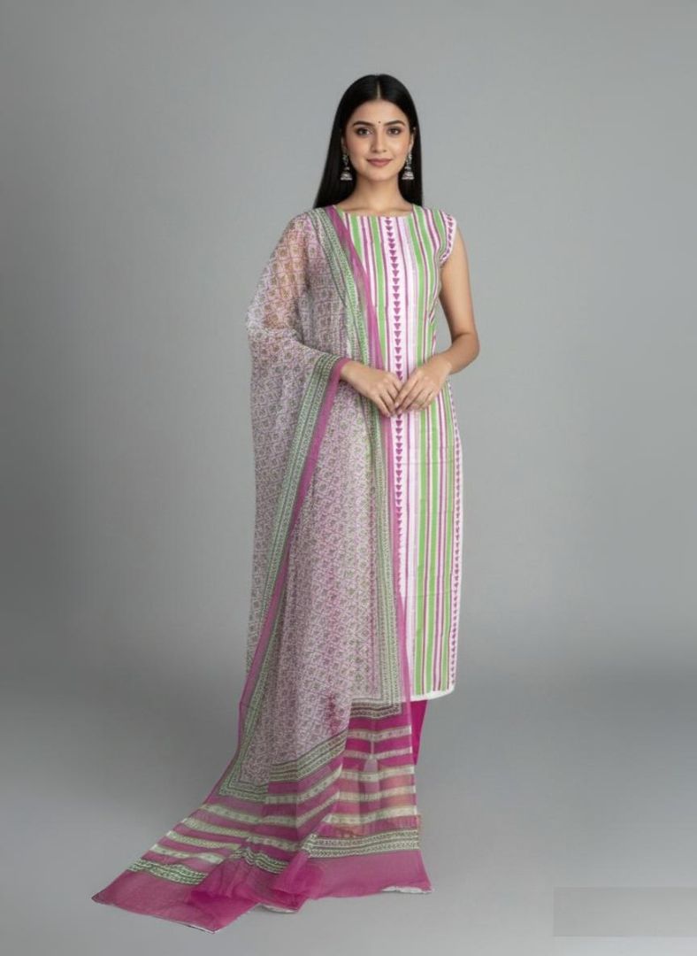 Geomterical Strip Green Pink Pure Cotton Handblock Suit with Kota Dupatta - Daily wear