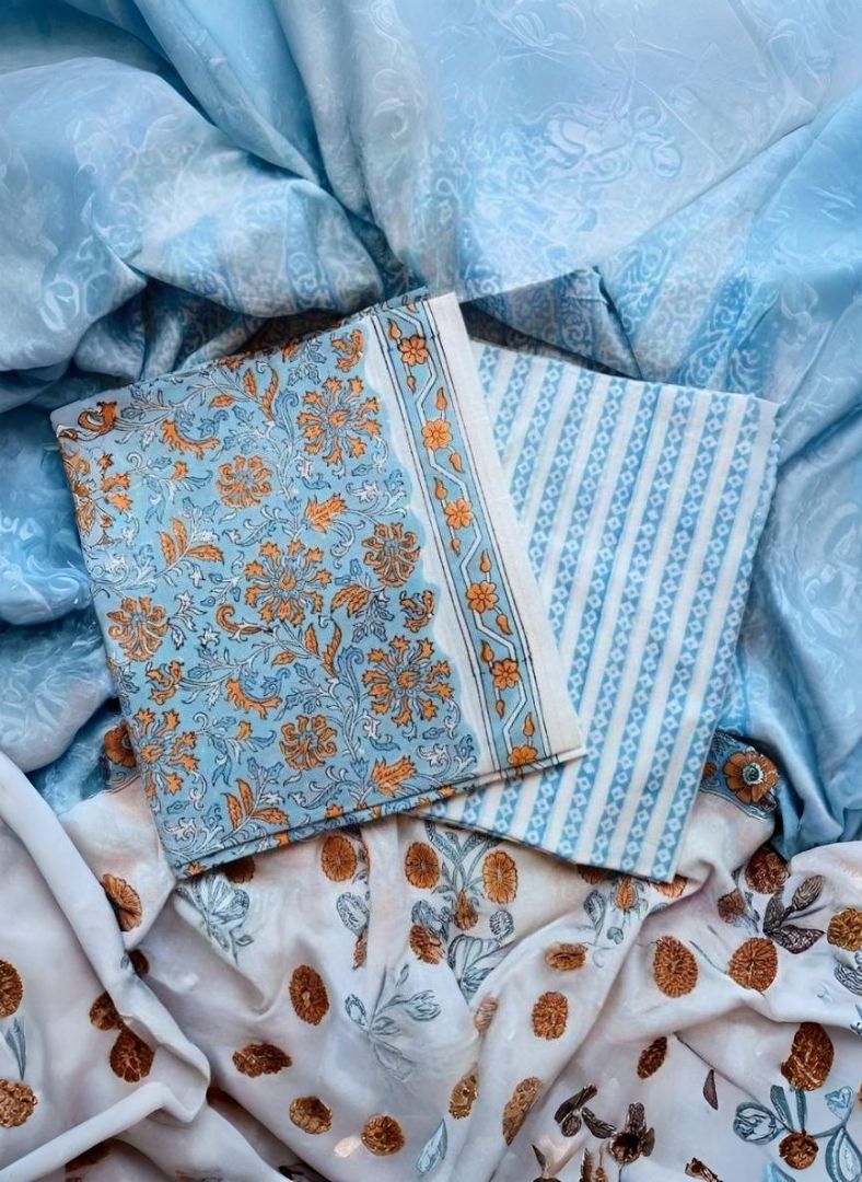 Blue Orange Pure Cotton Handblock Suit with Cotton Dupatta – Daily Wear