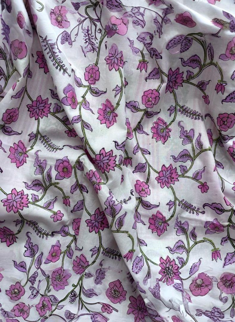 Pink Green Floral Pure Cotton Handblock Suit with Kota Dupatta - Daily wear