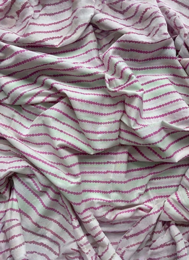 Geomterical Strip Green Pink Pure Cotton Handblock Suit with Kota Dupatta - Daily wear