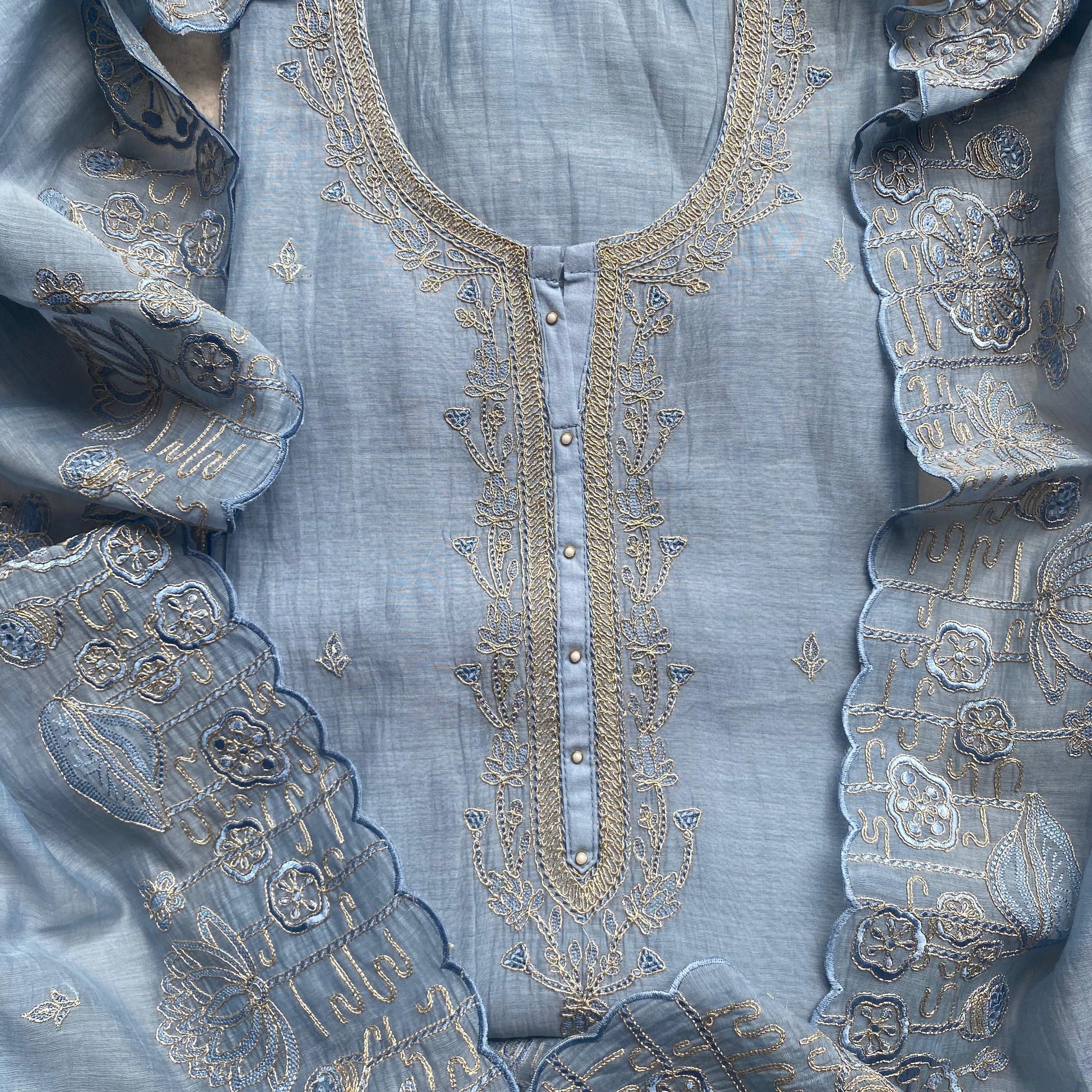 Pure Mulmul Chanderi Unstitched Suit With Zari Thread Embroidery