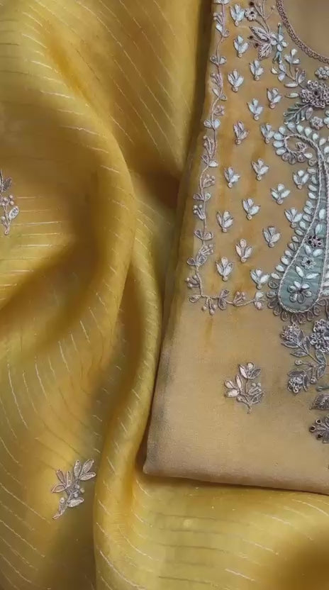 Mango Yellow Pure Tissue with Gotta Patti Embroidery Suit