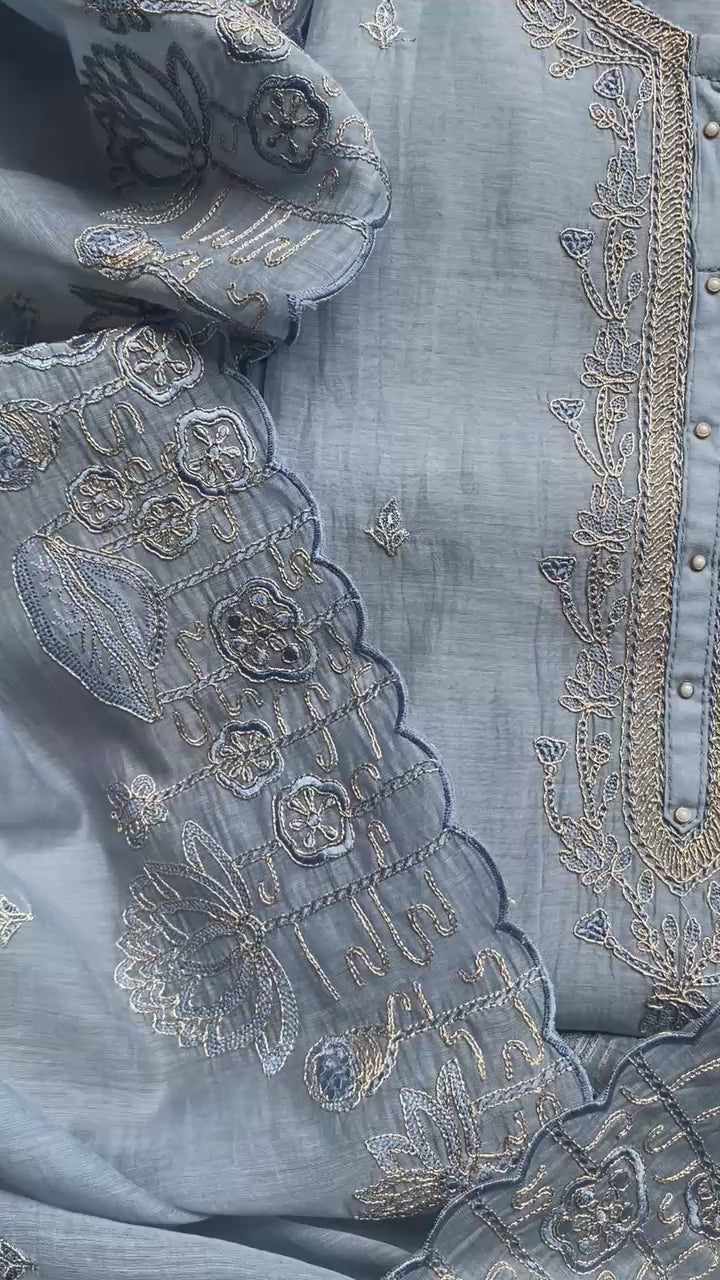 Pure Mulmul Chanderi Unstitched Suit With Zari Thread Embroidery