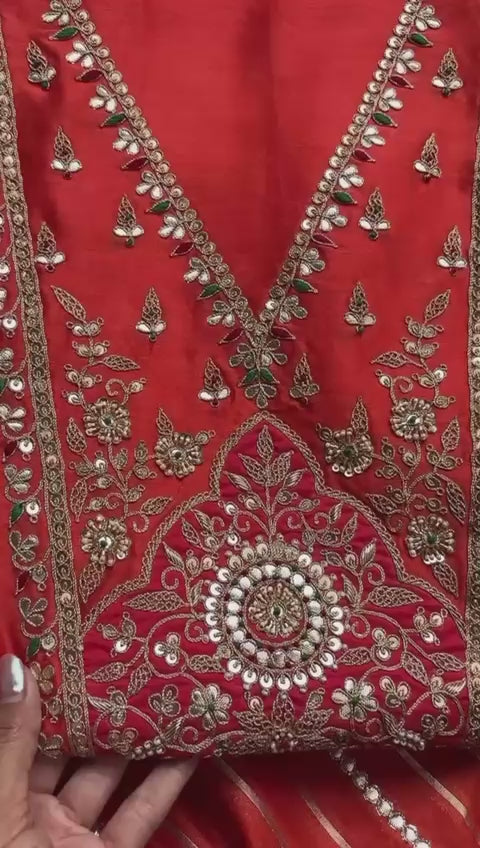 Deep Orange Pure Chanderi Gotta Patti Suit with Pure Banarasi Dupatta