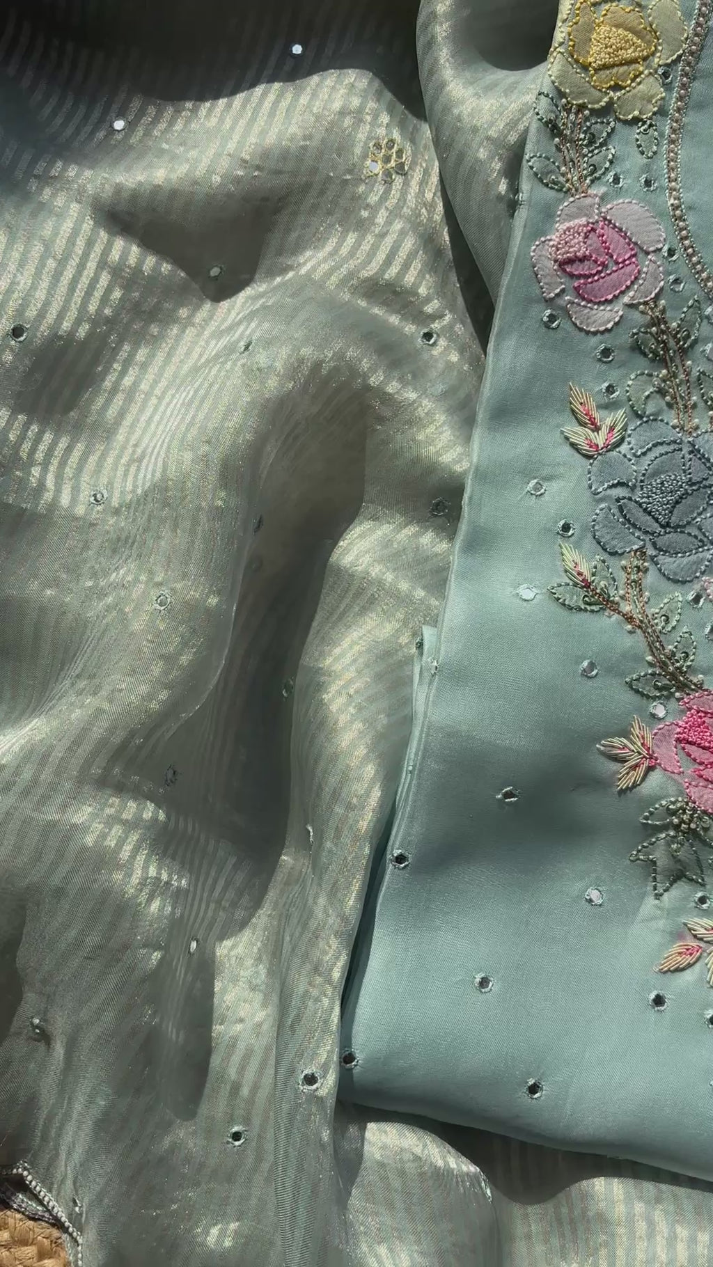 Light Blue Pure Organza with Shadow embroidery Mirror Highlights Suit