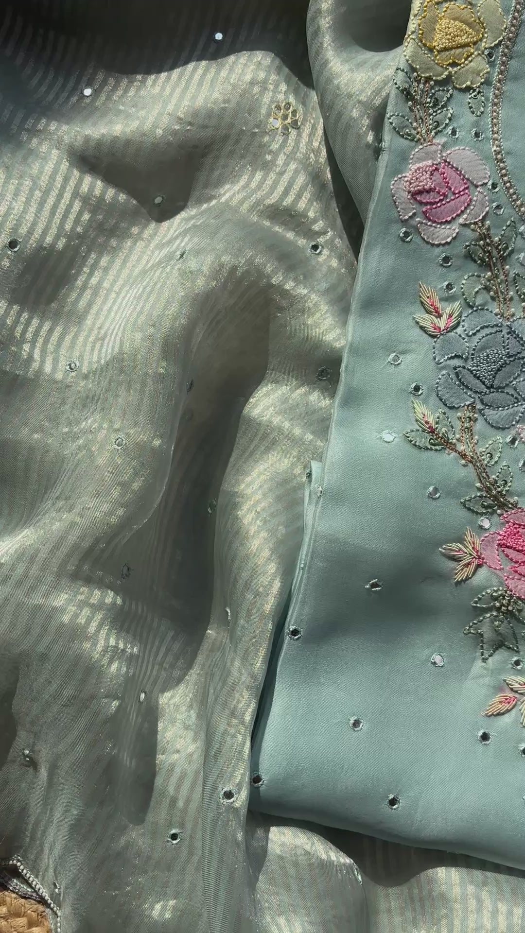 Light Blue Pure Organza with Shadow embroidery Mirror Highlights Suit