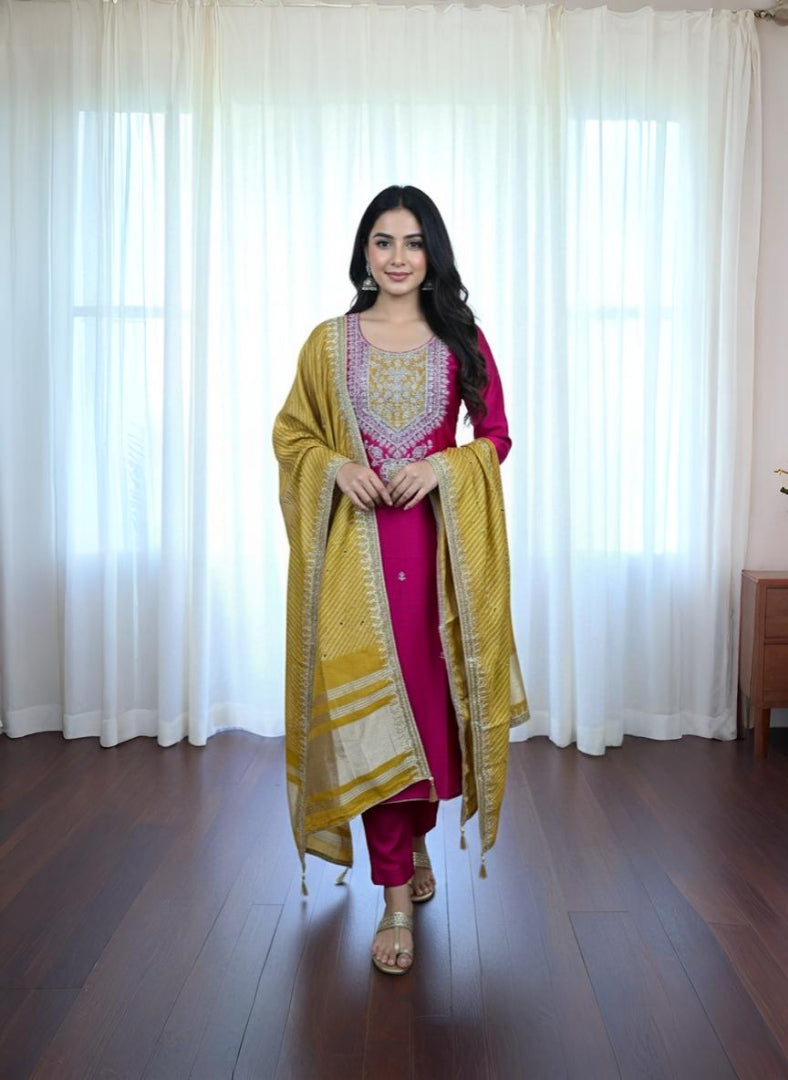Regal Rani Pink Silk Suit with Opulent Gold Zari Yoke