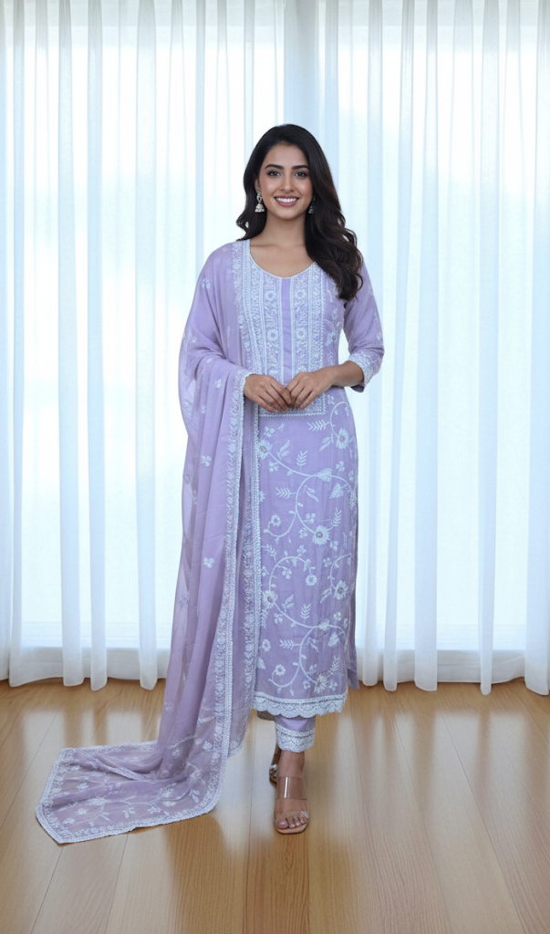 Mulmul Chanderi Thread and Pearl Embroidery Suit