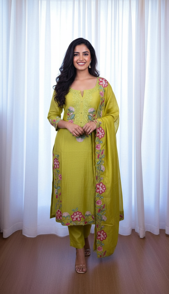Yellow Mulmul Chanderi with Multi Colour Thread Embroidery Suit